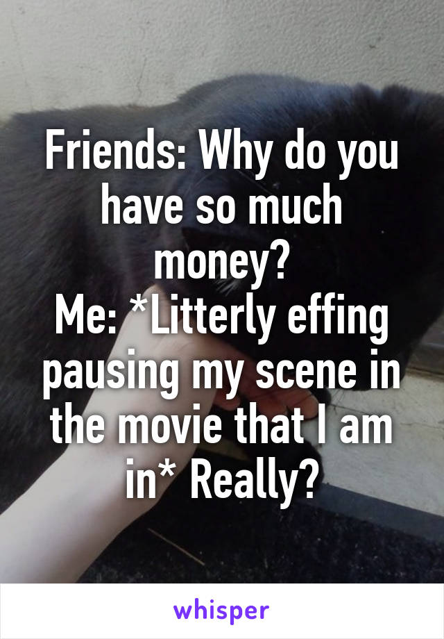 Friends: Why do you have so much money?
Me: *Litterly effing pausing my scene in the movie that I am in* Really?