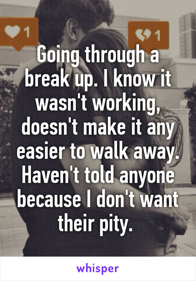 Going through a break up. I know it wasn't working, doesn't make it any easier to walk away. Haven't told anyone because I don't want their pity. 