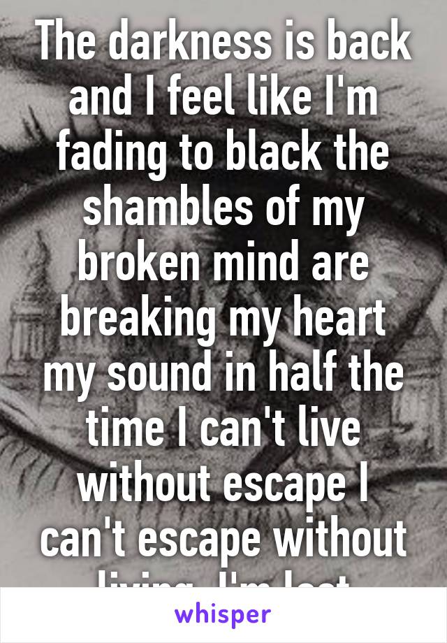 The darkness is back and I feel like I'm fading to black the shambles of my broken mind are breaking my heart my sound in half the time I can't live without escape I can't escape without living. I'm lost