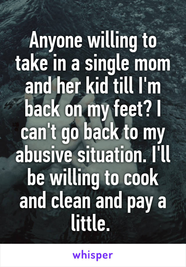 Anyone willing to take in a single mom and her kid till I'm back on my feet? I can't go back to my abusive situation. I'll be willing to cook and clean and pay a little. 