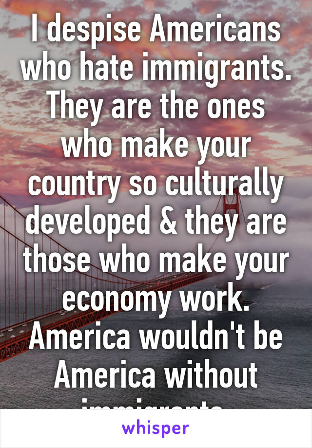 I despise Americans who hate immigrants. They are the ones who make your country so culturally developed & they are those who make your economy work. America wouldn't be America without immigrants.