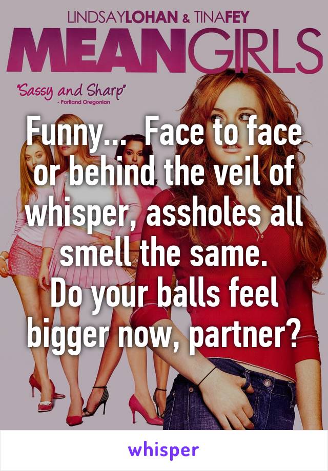 Funny...  Face to face or behind the veil of whisper, assholes all smell the same.
Do your balls feel bigger now, partner?