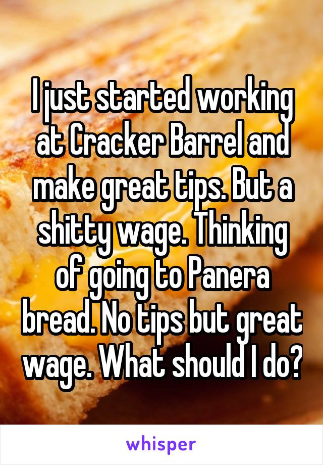 I just started working at Cracker Barrel and make great tips. But a shitty wage. Thinking of going to Panera bread. No tips but great wage. What should I do?