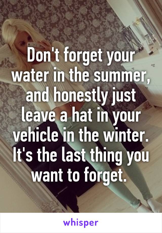 Don't forget your water in the summer, and honestly just leave a hat in your vehicle in the winter. It's the last thing you want to forget. 