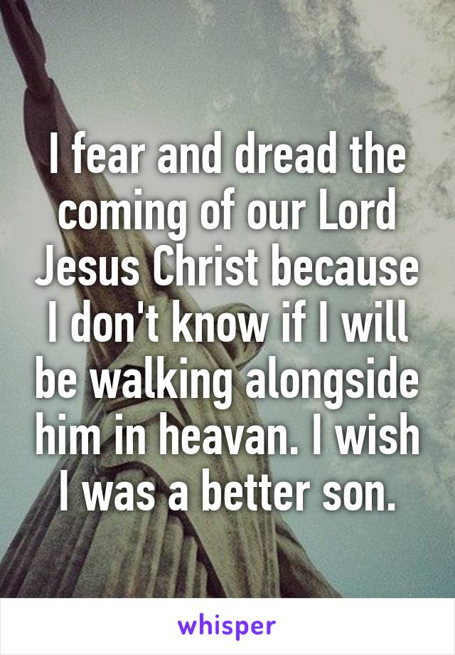 I fear and dread the coming of our Lord Jesus Christ because I don't know if I will be walking alongside him in heavan. I wish I was a better son.