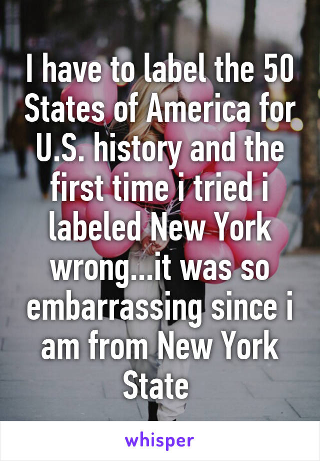 I have to label the 50 States of America for U.S. history and the first time i tried i labeled New York wrong...it was so embarrassing since i am from New York State 