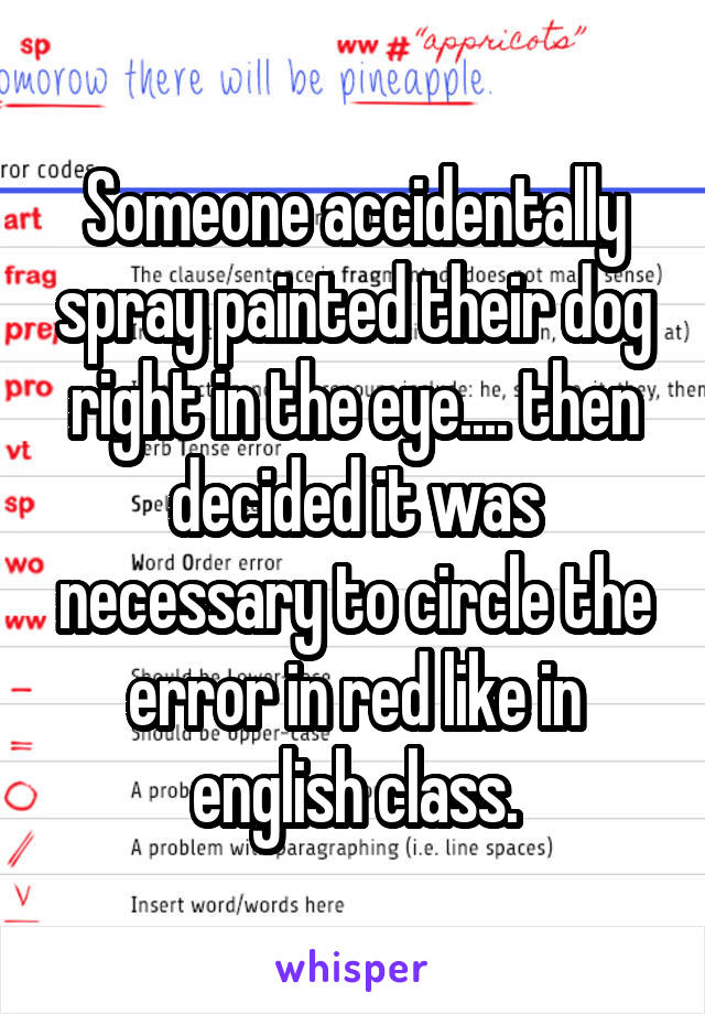 Someone accidentally spray painted their dog right in the eye.... then decided it was necessary to circle the error in red like in english class.