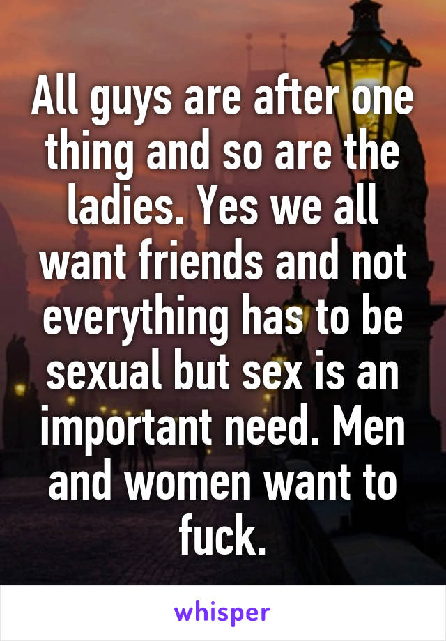 All guys are after one thing and so are the ladies. Yes we all want friends and not everything has to be sexual but sex is an important need. Men and women want to fuck.