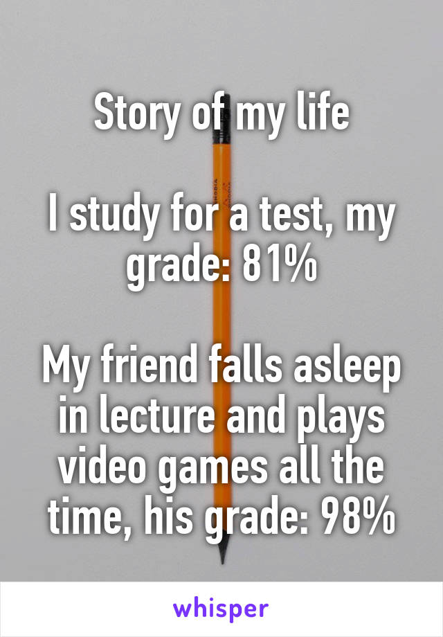 Story of my life

I study for a test, my grade: 81%

My friend falls asleep in lecture and plays video games all the time, his grade: 98%