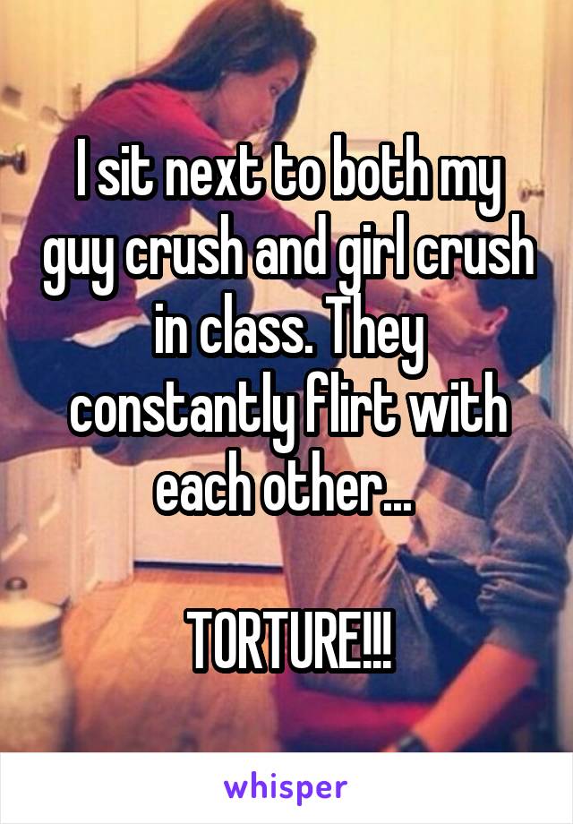 I sit next to both my guy crush and girl crush in class. They constantly flirt with each other... 

TORTURE!!!