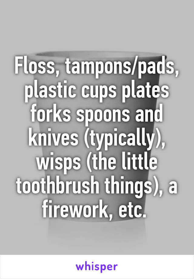 Floss, tampons/pads, plastic cups plates forks spoons and knives (typically), wisps (the little toothbrush things), a firework, etc. 