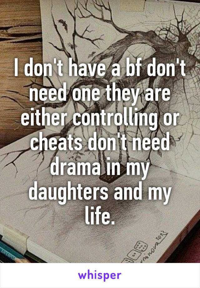 I don't have a bf don't need one they are either controlling or cheats don't need drama in my daughters and my life.