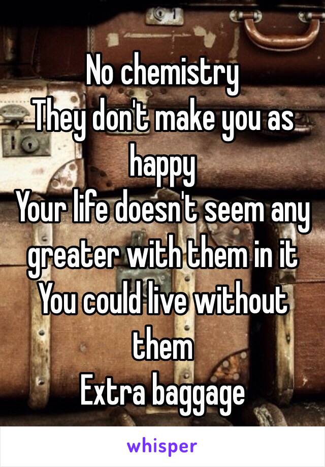 No chemistry 
They don't make you as happy
Your life doesn't seem any greater with them in it
You could live without them
Extra baggage