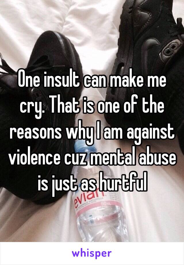 One insult can make me cry. That is one of the reasons why I am against violence cuz mental abuse is just as hurtful 