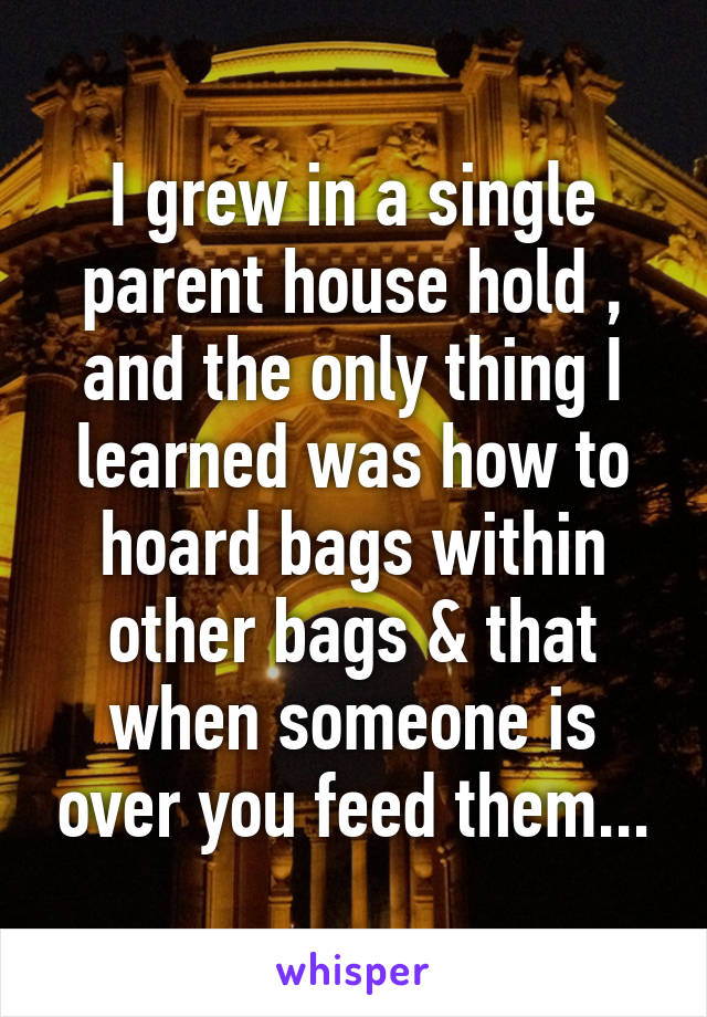 I grew in a single parent house hold , and the only thing I learned was how to hoard bags within other bags & that when someone is over you feed them...