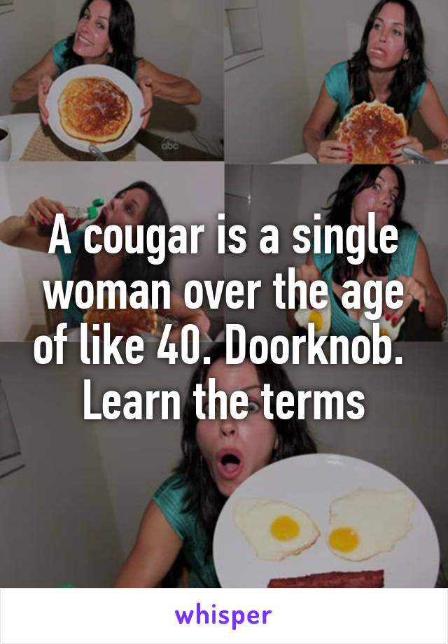 A cougar is a single woman over the age of like 40. Doorknob.  Learn the terms