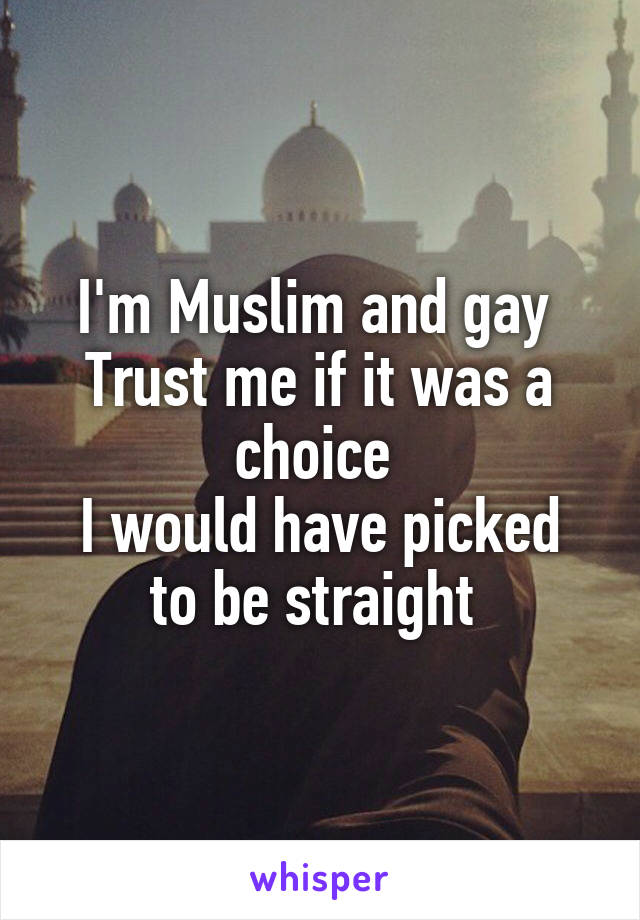 I'm Muslim and gay 
Trust me if it was a choice 
I would have picked to be straight 