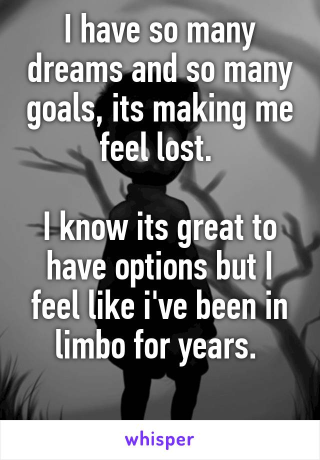 I have so many dreams and so many goals, its making me feel lost. 

I know its great to have options but I feel like i've been in limbo for years. 

