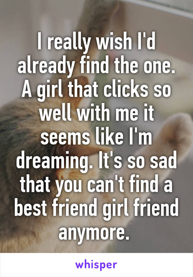 I really wish I'd already find the one. A girl that clicks so well with me it seems like I'm dreaming. It's so sad that you can't find a best friend girl friend anymore. 
