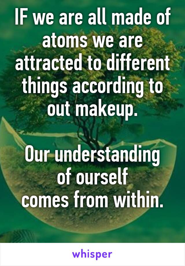IF we are all made of atoms we are attracted to different things according to out makeup.

Our understanding of ourself
comes from within.

