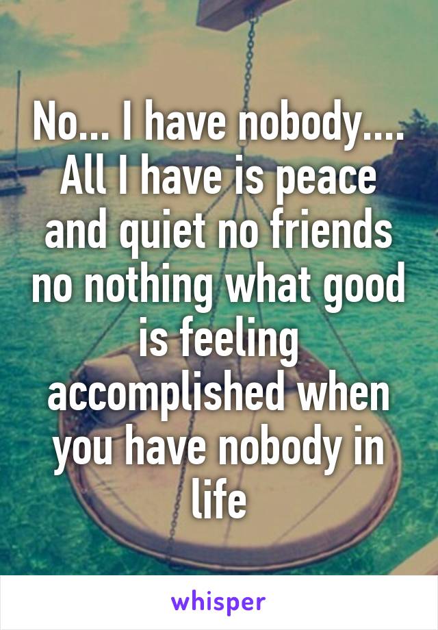 No... I have nobody.... All I have is peace and quiet no friends no nothing what good is feeling accomplished when you have nobody in life