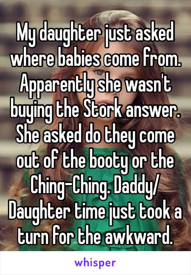 My daughter just asked where babies come from. Apparently she wasn't buying the Stork answer. She asked do they come out of the booty or the Ching-Ching. Daddy/Daughter time just took a turn for the awkward. 