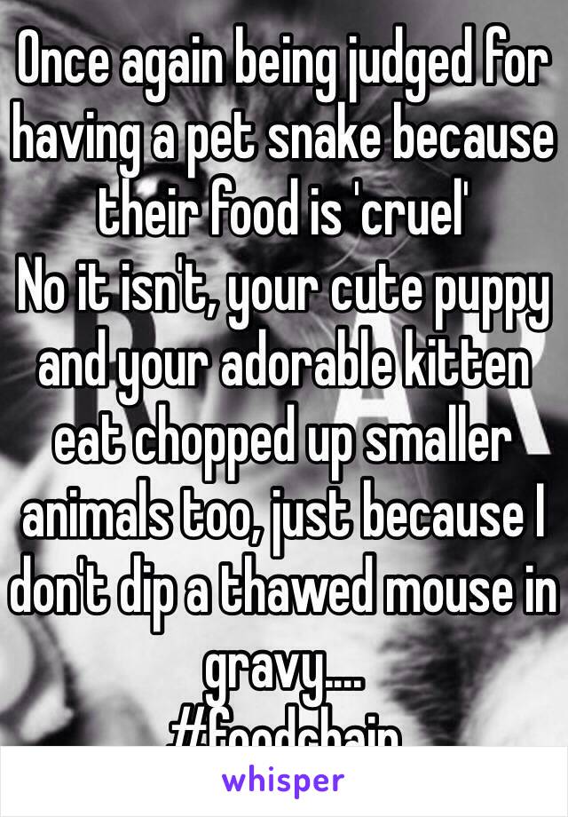 Once again being judged for having a pet snake because their food is 'cruel'
No it isn't, your cute puppy and your adorable kitten eat chopped up smaller animals too, just because I don't dip a thawed mouse in gravy....
#foodchain