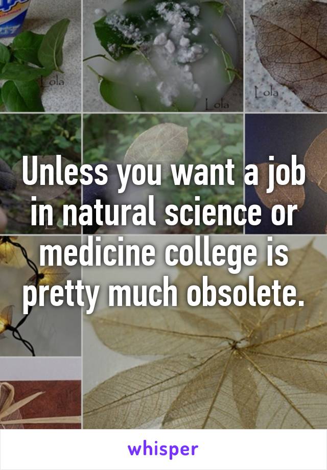 Unless you want a job in natural science or medicine college is pretty much obsolete.