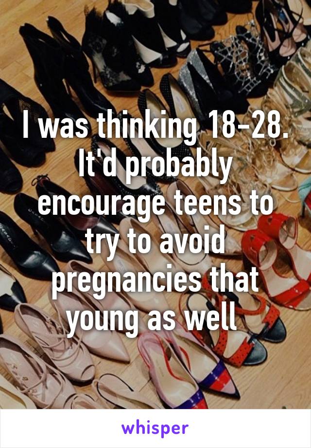 I was thinking 18-28. It'd probably encourage teens to try to avoid pregnancies that young as well 