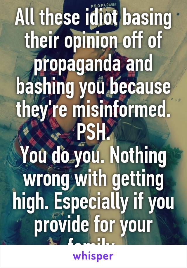 All these idiot basing their opinion off of propaganda and bashing you because they're misinformed.
PSH.
You do you. Nothing wrong with getting high. Especially if you provide for your family.