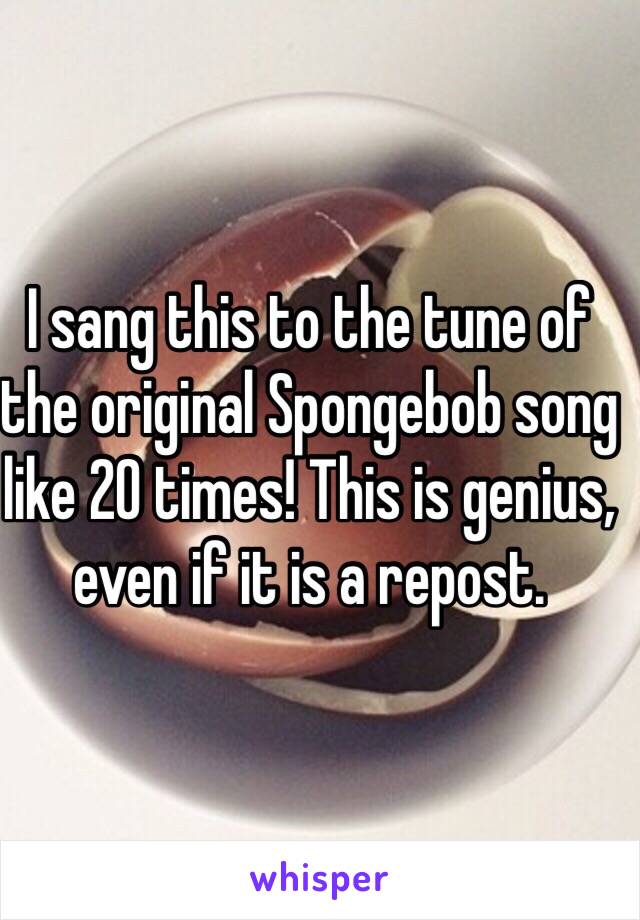 I sang this to the tune of the original Spongebob song like 20 times! This is genius, even if it is a repost.