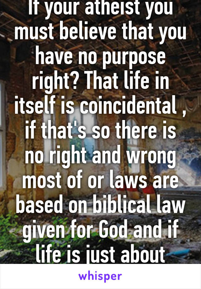 If your atheist you must believe that you have no purpose right? That life in itself is coincidental , if that's so there is no right and wrong most of or laws are based on biblical law given for God and if life is just about making money to 