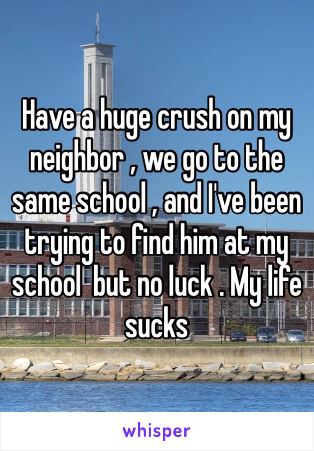 Have a huge crush on my neighbor , we go to the same school , and I've been trying to find him at my school  but no luck . My life sucks 