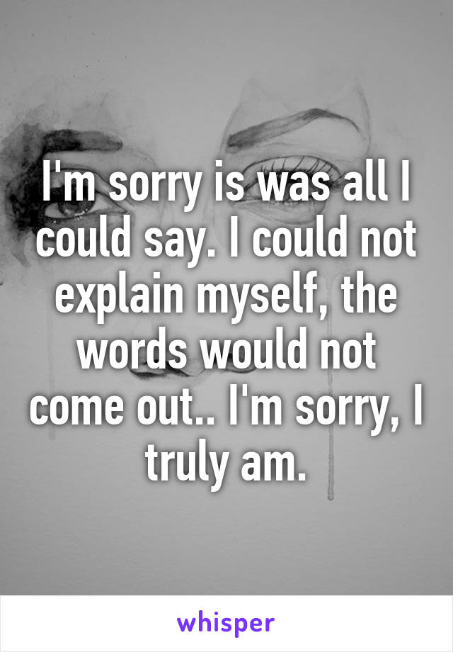 I'm sorry is was all I could say. I could not explain myself, the words would not come out.. I'm sorry, I truly am.