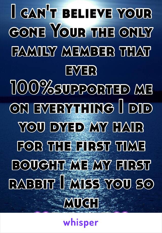 I can't believe your gone Your the only family member that ever 100%supported me on everything I did you dyed my hair for the first time bought me my first rabbit I miss you so much 
ðŸ’œRIP A.EðŸ’œ