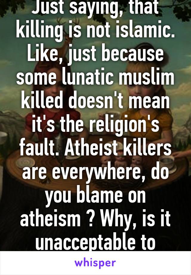 Just saying, that killing is not islamic. Like, just because some lunatic muslim killed doesn't mean it's the religion's fault. Atheist killers are everywhere, do you blame on atheism ? Why, is it unacceptable to blame on atheism ?