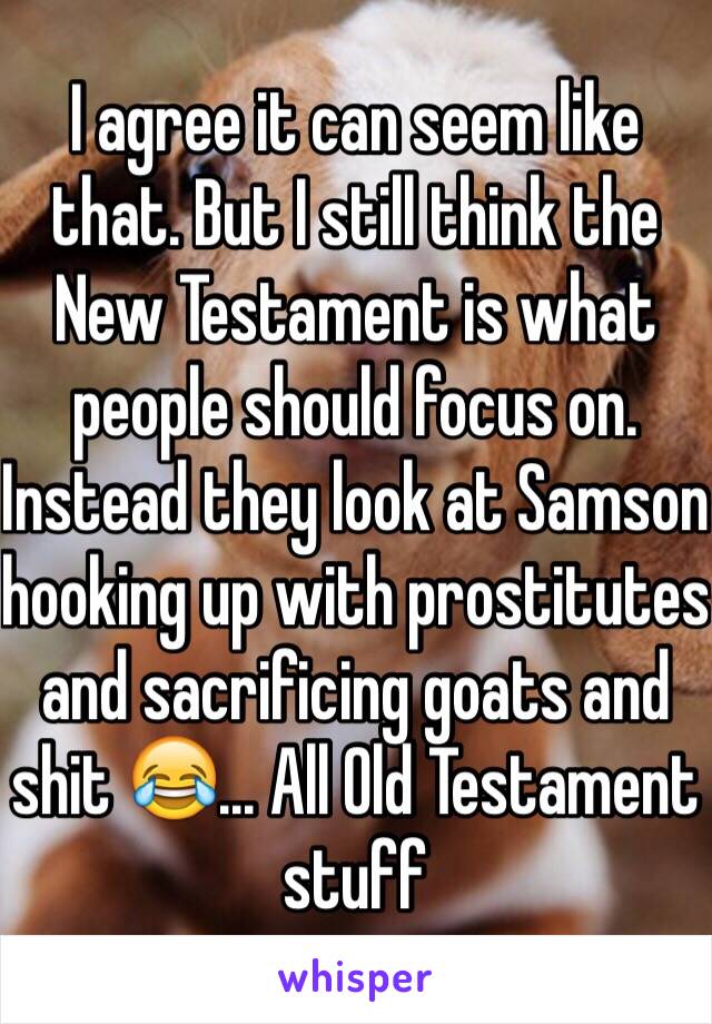 I agree it can seem like that. But I still think the New Testament is what people should focus on. Instead they look at Samson hooking up with prostitutes and sacrificing goats and shit 😂... All Old Testament stuff