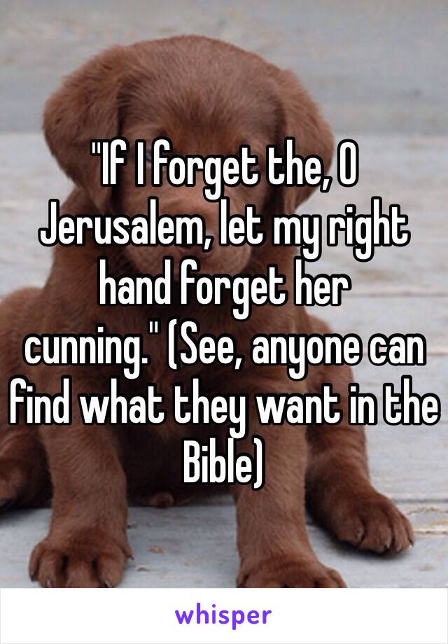 "If I forget the, O Jerusalem, let my right hand forget her cunning." (See, anyone can find what they want in the Bible)