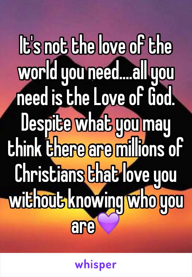 It's not the love of the world you need....all you need is the Love of God. Despite what you may think there are millions of Christians that love you without knowing who you are💜