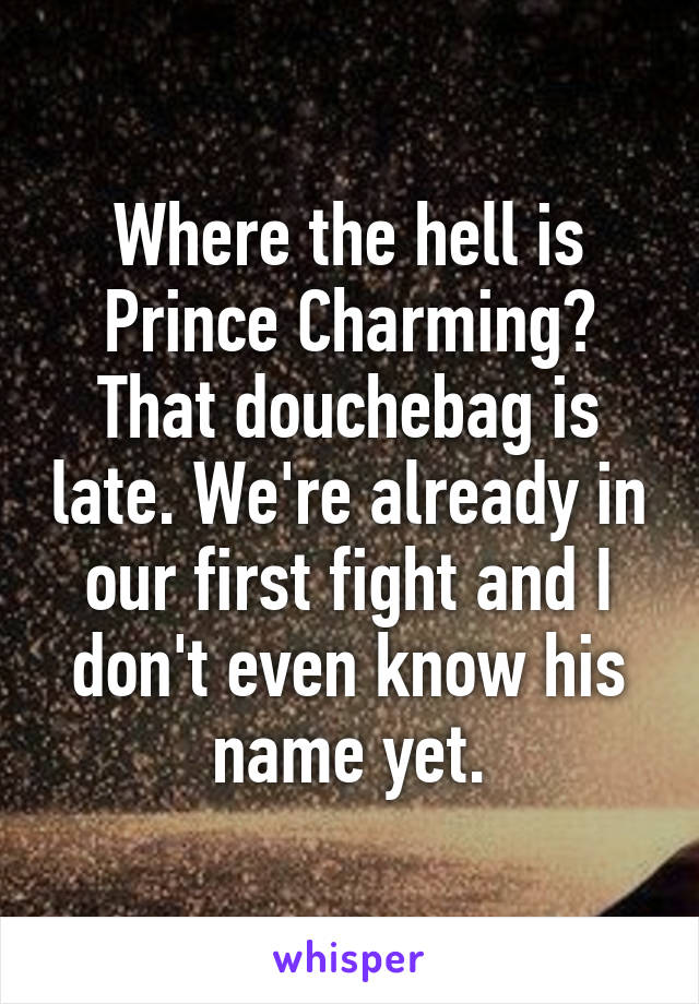 Where the hell is Prince Charming? That douchebag is late. We're already in our first fight and I don't even know his name yet.