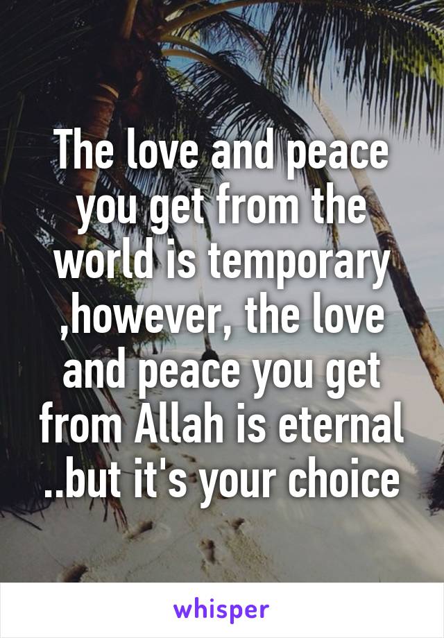 The love and peace you get from the world is temporary ,however, the love and peace you get from Allah is eternal ..but it's your choice