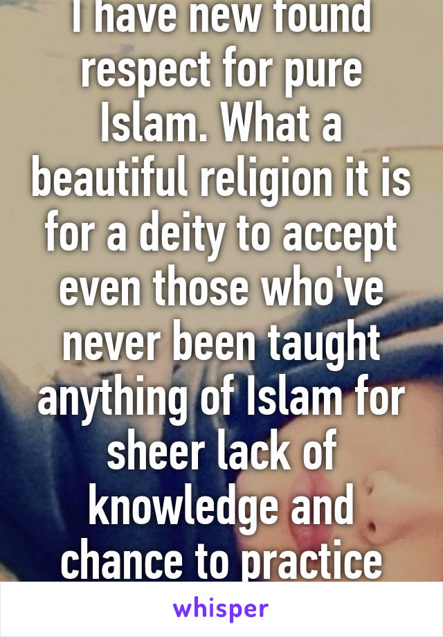 I have new found respect for pure Islam. What a beautiful religion it is for a deity to accept even those who've never been taught anything of Islam for sheer lack of knowledge and chance to practice such into heaven.