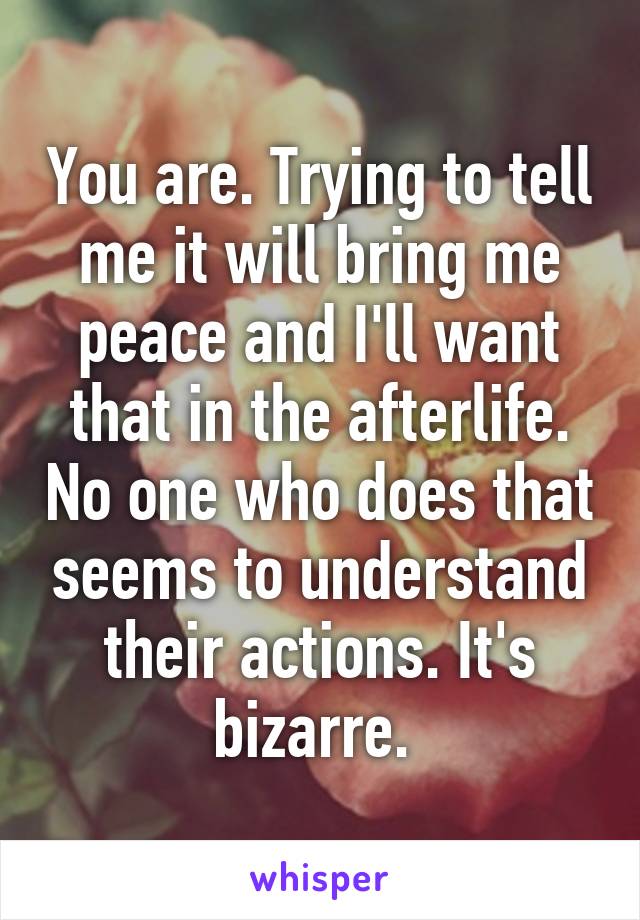 You are. Trying to tell me it will bring me peace and I'll want that in the afterlife. No one who does that seems to understand their actions. It's bizarre. 