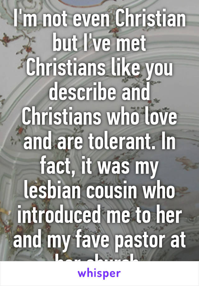 I'm not even Christian but I've met Christians like you describe and Christians who love and are tolerant. In fact, it was my lesbian cousin who introduced me to her and my fave pastor at her church.