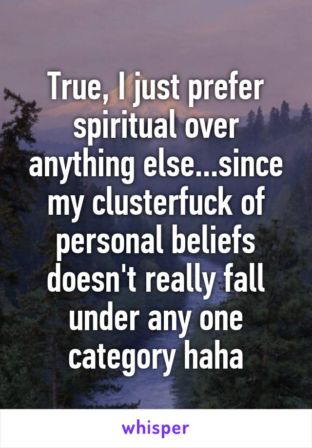 True, I just prefer spiritual over anything else...since my clusterfuck of personal beliefs doesn't really fall under any one category haha