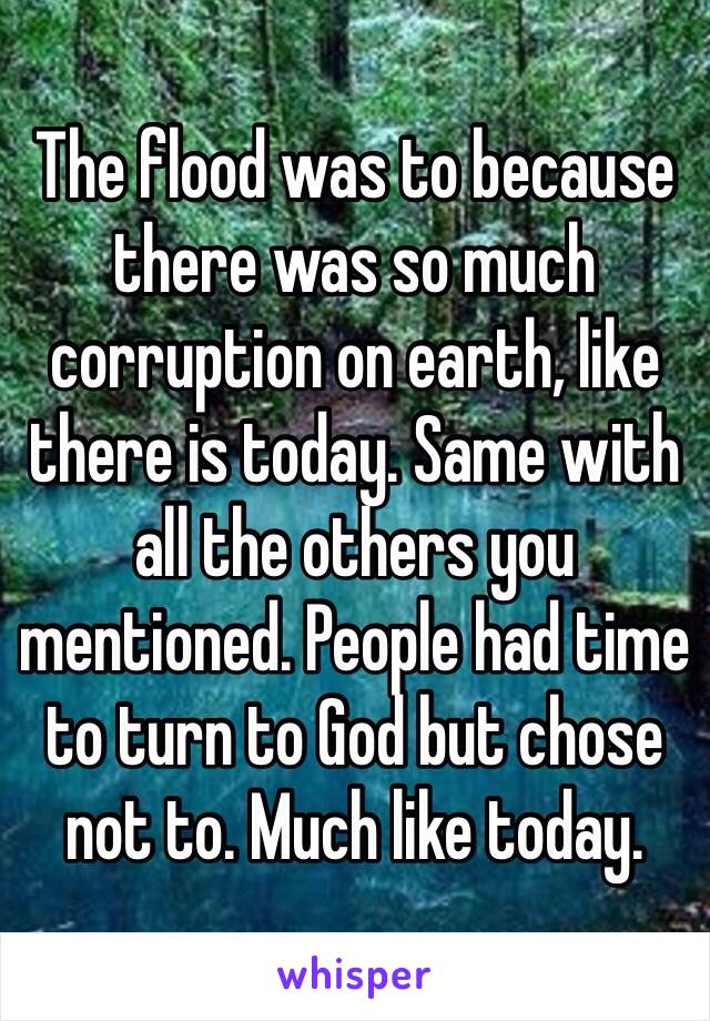 The flood was to because there was so much corruption on earth, like there is today. Same with all the others you mentioned. People had time to turn to God but chose not to. Much like today.