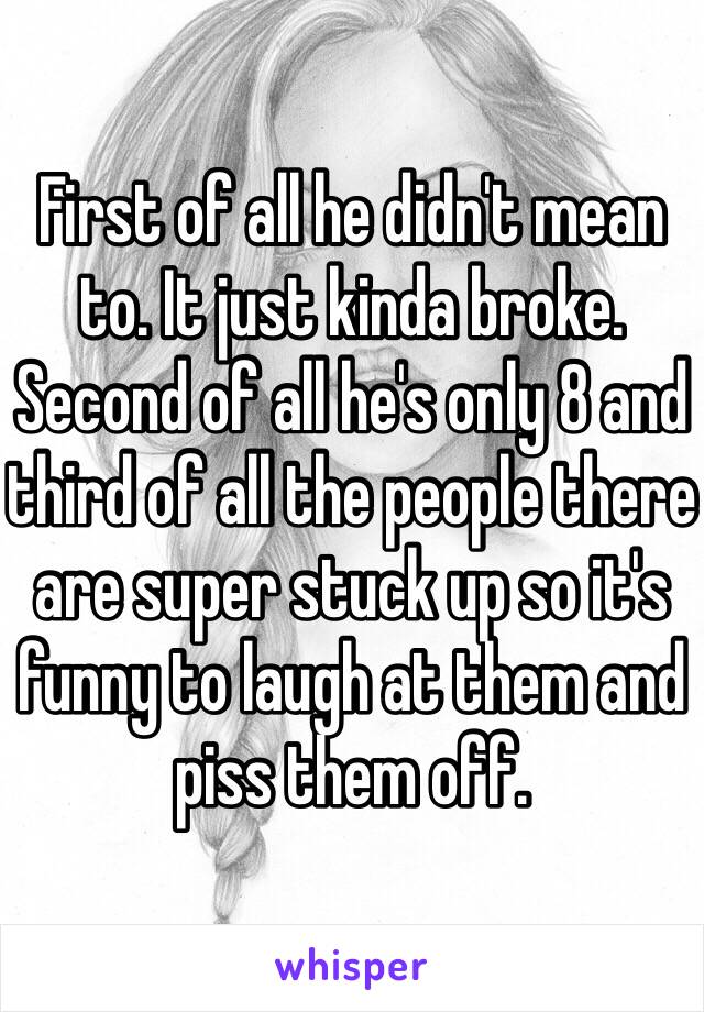 First of all he didn't mean to. It just kinda broke. Second of all he's only 8 and third of all the people there are super stuck up so it's funny to laugh at them and piss them off. 