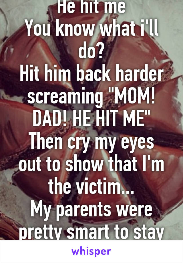 He hit me
You know what i'll do?
Hit him back harder screaming "MOM! DAD! HE HIT ME"
Then cry my eyes out to show that I'm the victim...
My parents were pretty smart to stay out of the fights