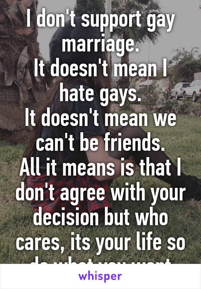 I don't support gay marriage.
It doesn't mean I hate gays.
It doesn't mean we can't be friends.
All it means is that I don't agree with your decision but who cares, its your life so do what you want