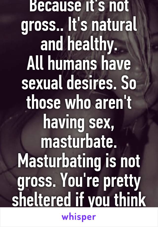 Because it's not gross.. It's natural and healthy.
All humans have sexual desires. So those who aren't having sex, masturbate. Masturbating is not gross. You're pretty sheltered if you think that